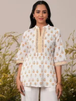 White Printed Cotton Straight Kurti - Image 2