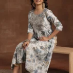 Blue Printed Silk A-Line Kurta