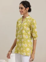 Yellow Printed Cotton Straight Short Kurti - Image 2