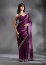 Purple Silver Stonework Satin Saree - Image 4